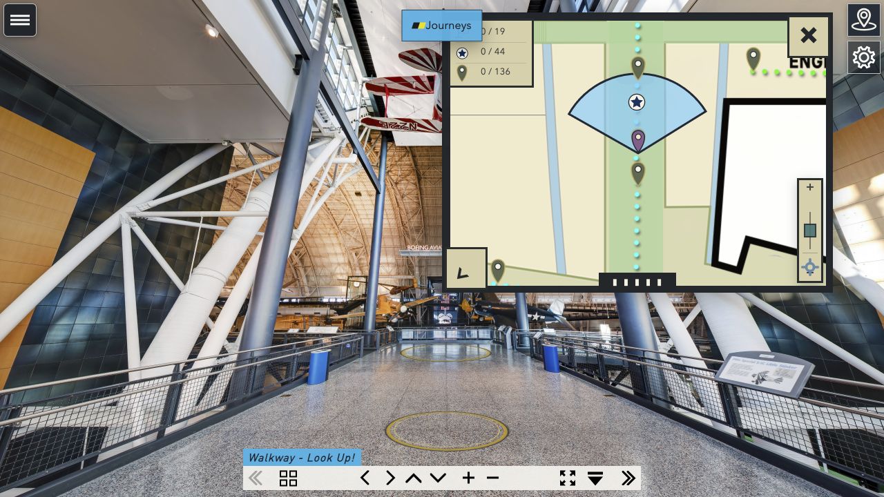 Tour map open above the panorama, showing counters, exhibit flags, object stars, Stop pins, the current-view radar cone, resize handle, and zoom controls.