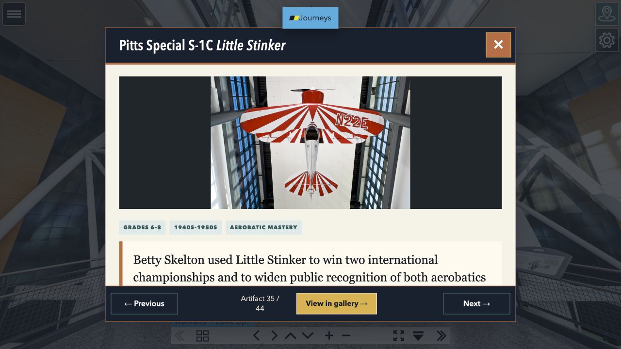 Full-version object story for the Pitts Special S-1C Little Stinker, with image, grade-level context, Previous and Next controls, progress count, and View in gallery button.