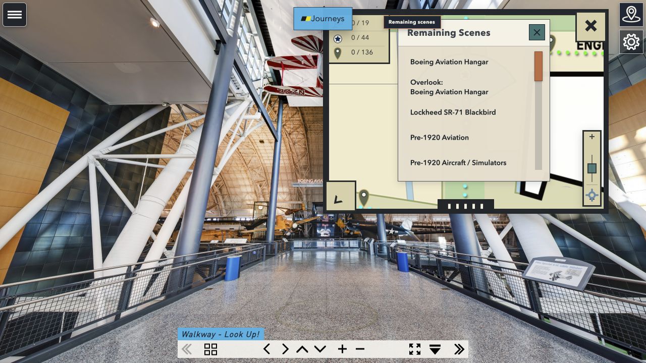 Map with the Remaining Scenes list open, showing wrapped Stop names and a vertical scrollbar.