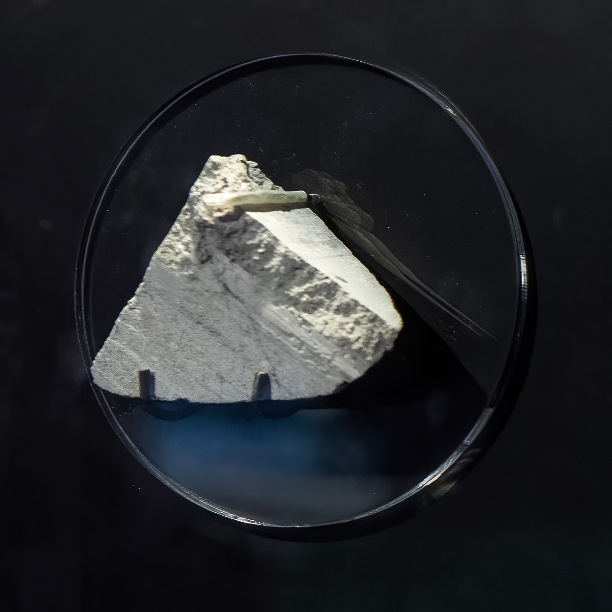 Small triangular dark basaltic meteorite mounted vertically for display.