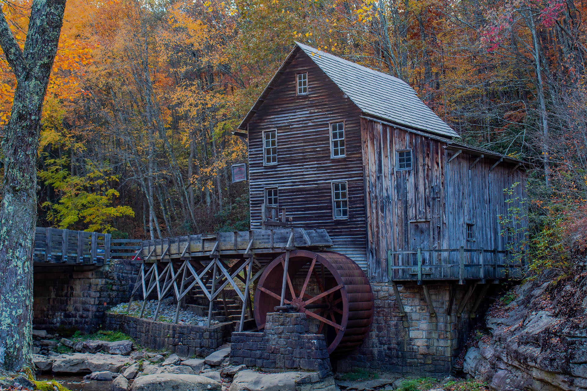 Glade Creek Grist Mill surrounded by autumn color in West Virginia