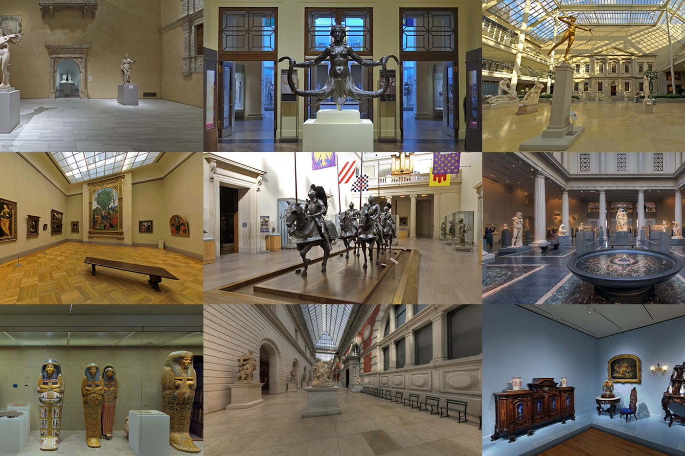 A collage of empty galleries photographed after hours at The Metropolitan Museum of Art